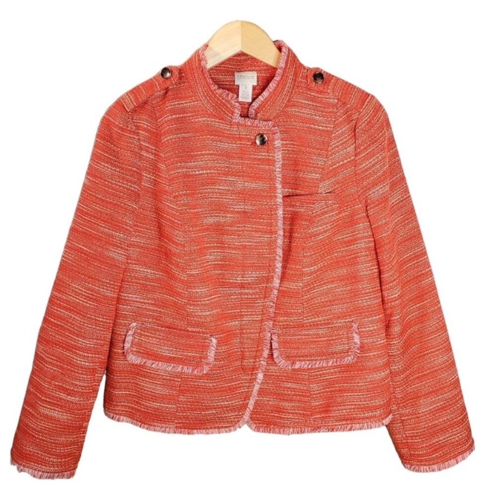 Chico’s Coral Raw Hem Tweed Jacket with Zipper Sz 3